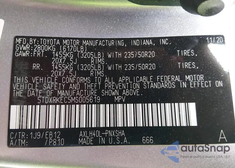 2021 Toyota Sienna Xse z USA, uszkodzony, nr VIN 5TDXRKEC5MS005619